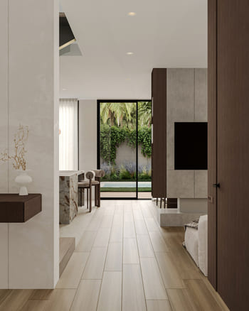 Bright corridor with courtyard views