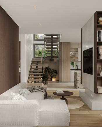 Spacious living with floating staircase